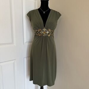 Cache VTG Y2K Dress Sz 8 Green Deep V Hourglass Boho Pencil Jewel Waist Party